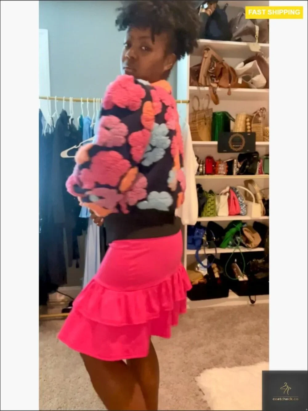 Cropped Floral Fleece Bomber Jacket Puff Sleeve Vintage Y2K Casual Outerwear - Picture 7 of 7